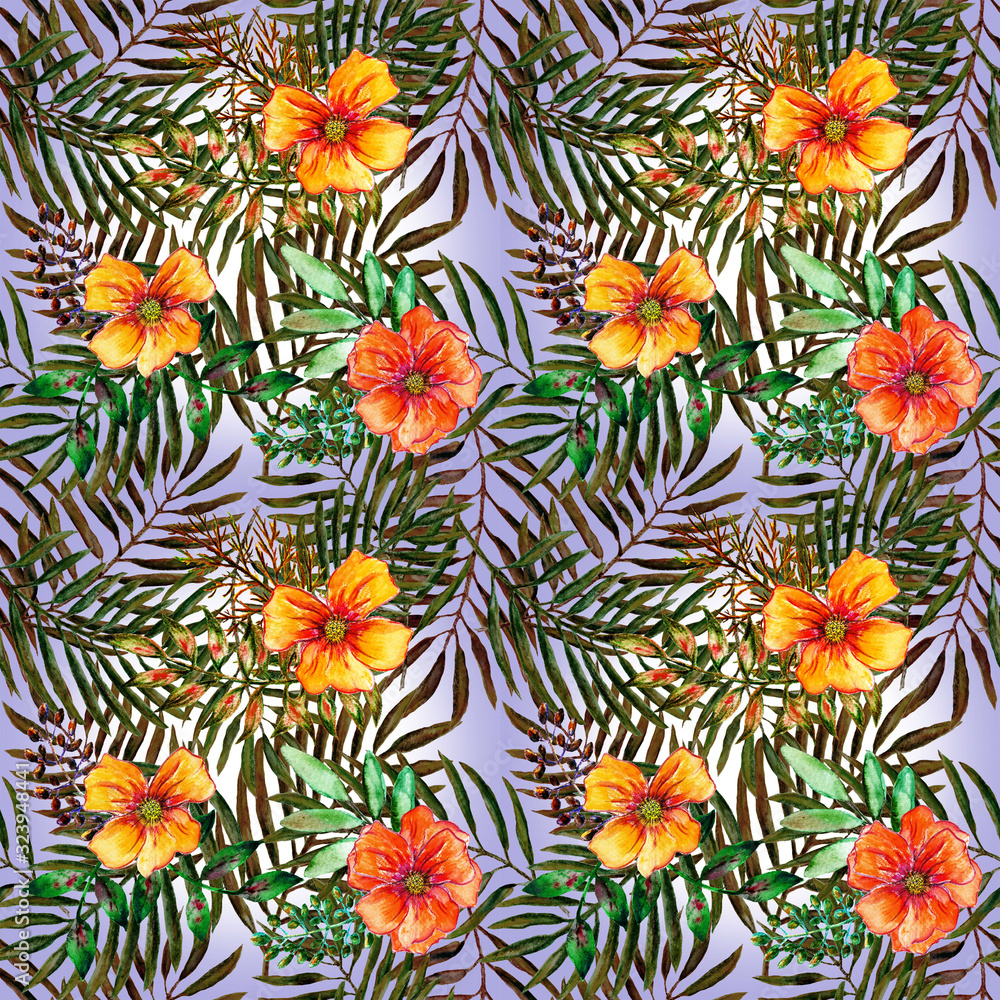 Seamless tropical pattern with bouquets of orange flowers and decorative leaves on a blue background