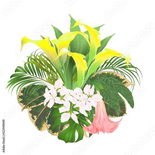 Bouquet with tropical flowers  floral arrangement, with   yellow lilies Cala and Brugmansia  palm,philodendron  vintage vector illustration  editable hand draw