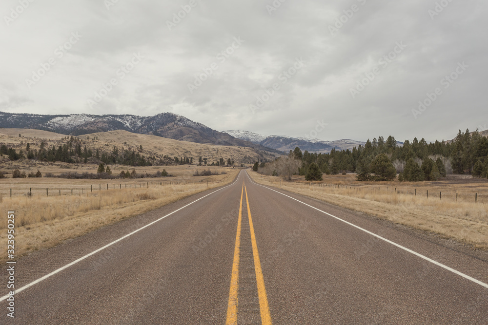 Open highway cutting through large empty fields with evergreen trees and snow capped mountains Open highway cutting through large empty fields with evergreen trees and snow capped mountains