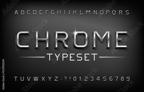Chrome alphabet font. 3D metal letters and numbers with shadow. Stock vector typeset for your typography design.