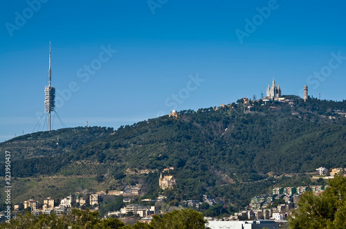 Tibidabo Mount as viewed from Park Guell at Barcelona, Spain