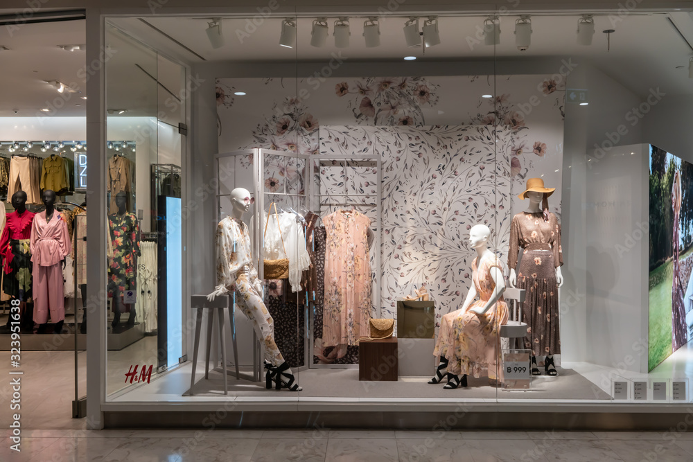 H&M shop at Emquatier, Bangkok, Thailand, Apr 25, 2019 : Unique H&M  clothing with Morris & Co collaboration window display Stock Photo | Adobe  Stock