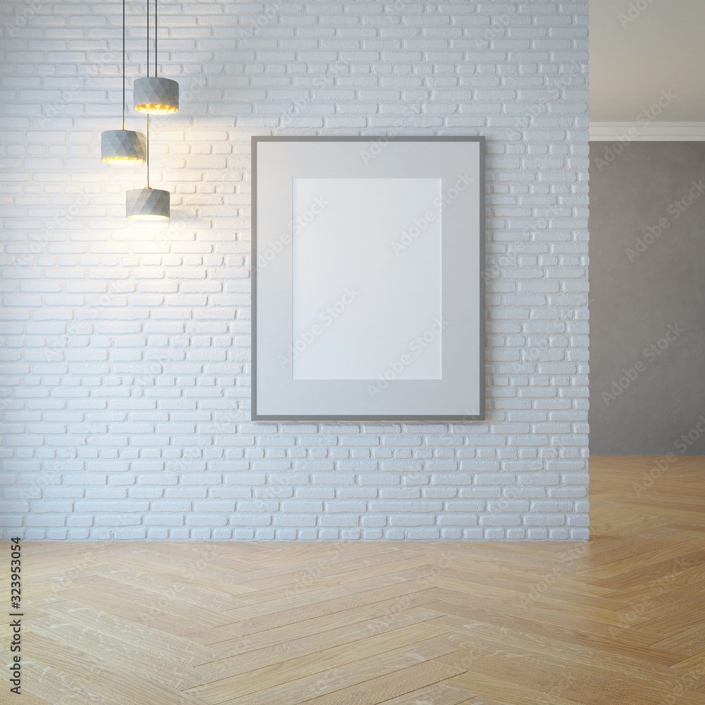 empty room with light and blank pictures, 3d rendering