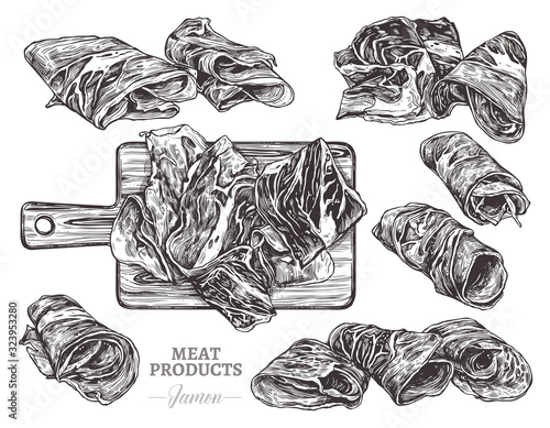 Collection of sketch vector illustrations of spanish jamon. Appetizer with thinly sliced ham, fresh and natural farm meat. Hand darwn finger food, bacon, italian parma and prosciutto in monochrome