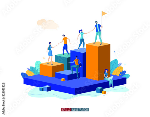 Trendy flat illustration. People help each other go up. Teamwork concept. Career planning. Motivation. Goal achievment. Way up. Business strategy. Template for your design works. Vector graphics.