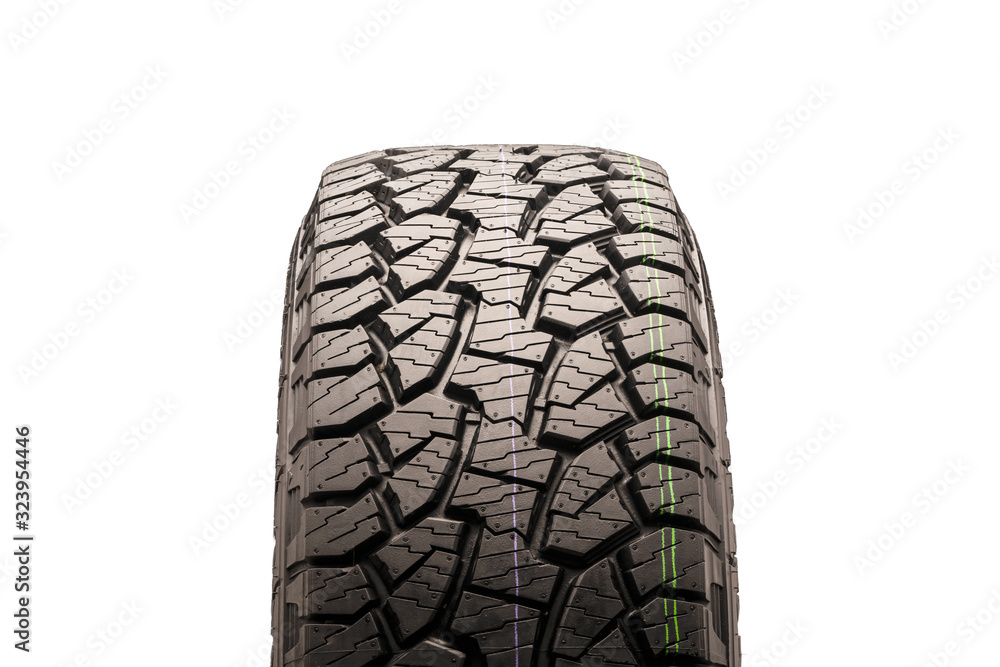 mud all-terrain tires for SUVs on a white background close-up, front view of the wheel, the tread is clearly visible. Isolate mud all-terrain tires for SUVs on a white background close-up, front view of the wheel, the tread is clearly visible. Isolate
