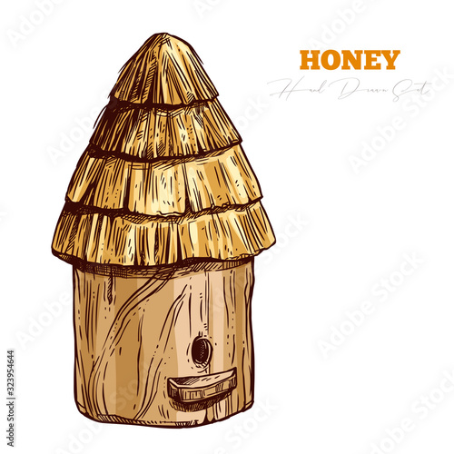 Hand drawn wooden bee hive with straw roof. Vector sketch for beekeeping and apiculture. Engraving color illustration for honey and mead farm