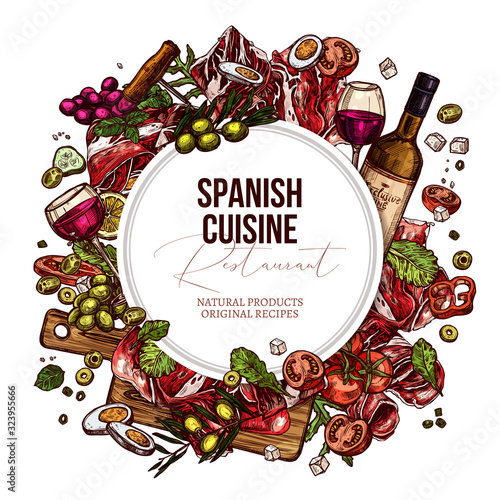 Vector sketch color spanish cuisine dishes background with round banner. Mediterranean food set. Black and white hand drawn illustration with meat, wine, jamon, vegetables, salads olive