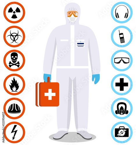 Medical concept. Detailed illustration of standing man in white protective suit and mask in flat style. Dangerous profession. Virus, infection, epidemic, quarantine. Safety and health vector icons.
