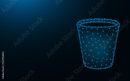 Bucket made from points and lines on dark blue background, cleaning wireframe mesh polygonal vector illustration