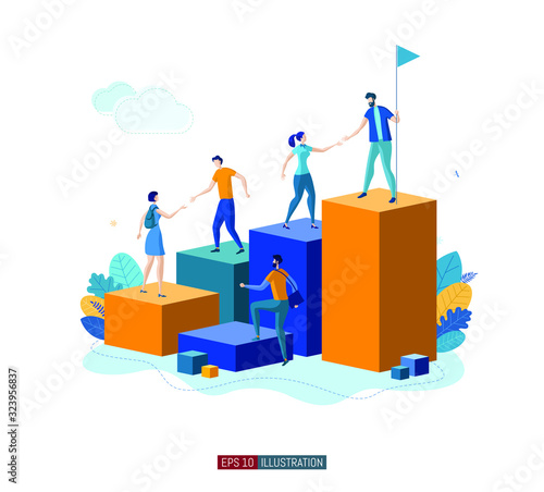 Trendy flat illustration. People help each other go up. Teamwork concept. Career planning. Motivation. Goal achievment. Way up. Business strategy. Template for your design works. Vector graphics.