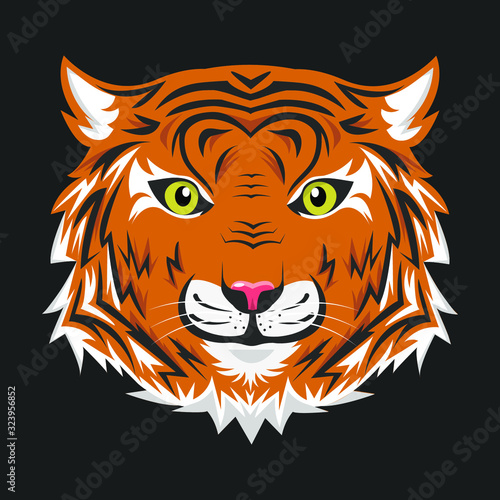 Vector illustration of tiger head on black background. Flat cartoon style.