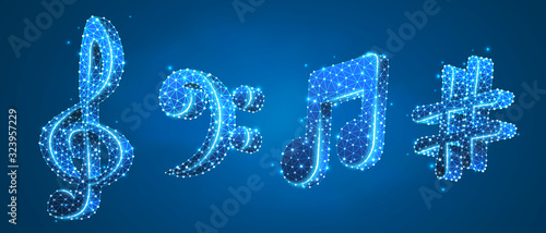 Set of musical notes. Treble clef, bass clef, melody key, classic g-clef, festival poster concept. Low poly, wireframe 3d vector illustration. Abstract, polygonal image on blue neon background