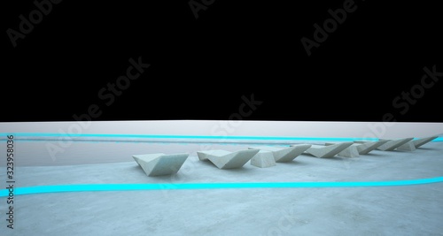 Abstract architectural concrete interior of a minimalist house with colored neon lighting. 3D illustration and rendering.