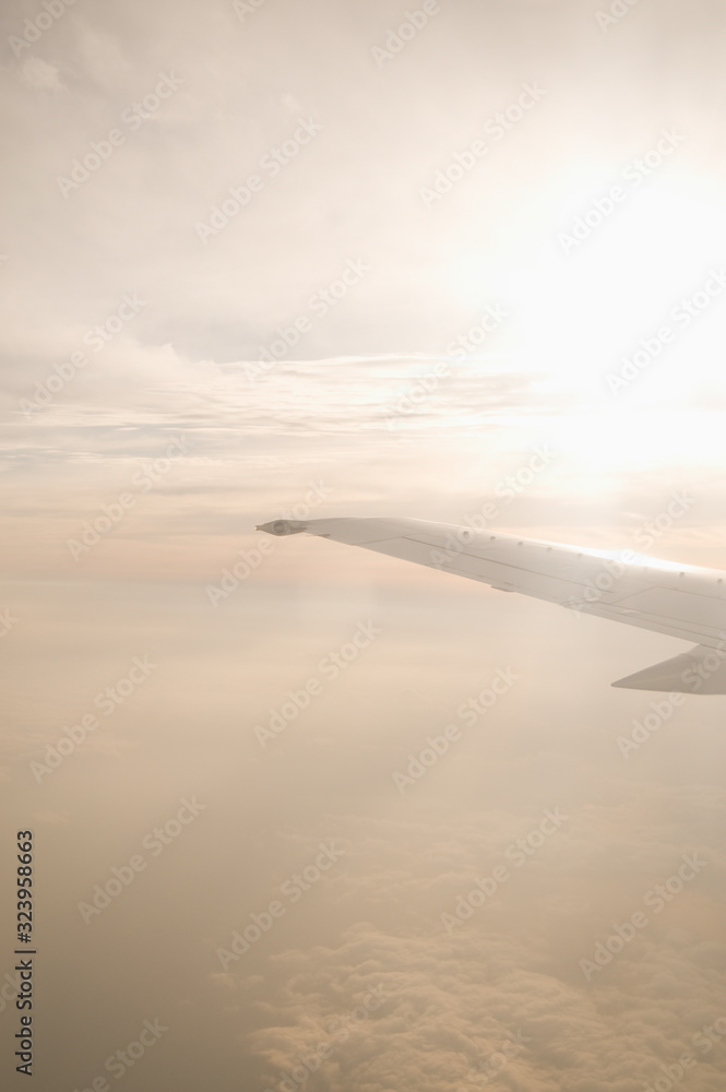 Obraz premium 飛行機の翼と太陽 