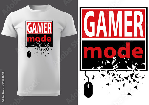 White T-shirt Design for Computer Game Player with Inscription GAMER MODE and Silhouetted Computer Mouse and Broken Black Rectangle in Background - Vector