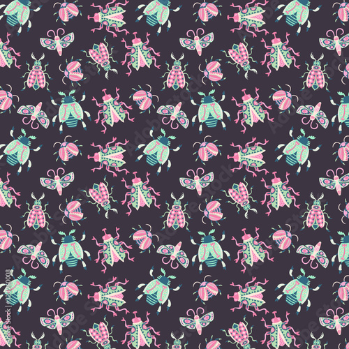 Bugs and beetles seamless pattern. Vector seamless wallpaper/background. Cute bugs cutouts