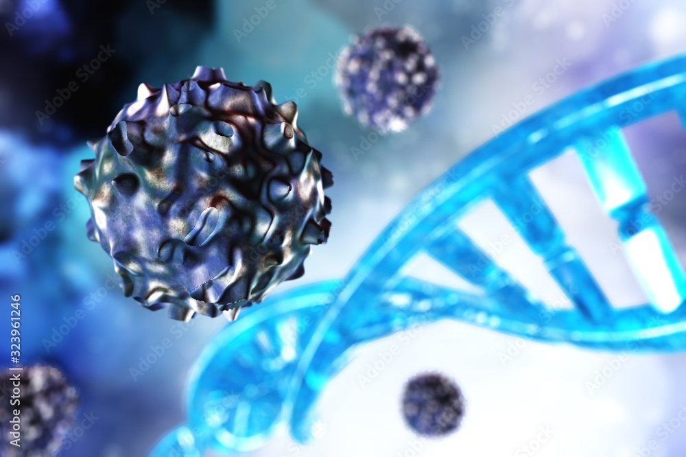 Stem cells - undifferentiated (immature) cells on the background of a DNA helix, 3d rendering Stem cells - undifferentiated (immature) cells on the background of a DNA helix, 3d rendering