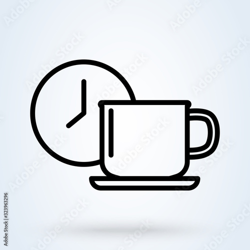 Coffee or tea cup with clock symbol. Coffee time illustration. Coffee break, rest sign. Mug with clock illustration for perfect web, app and logo design.