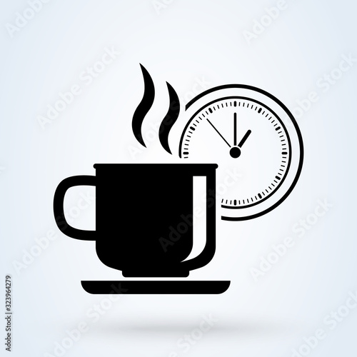 Coffee or tea cup with clock symbol. Coffee time illustration. Coffee break  rest sign. Mug with clock illustration for perfect web  app and logo design.