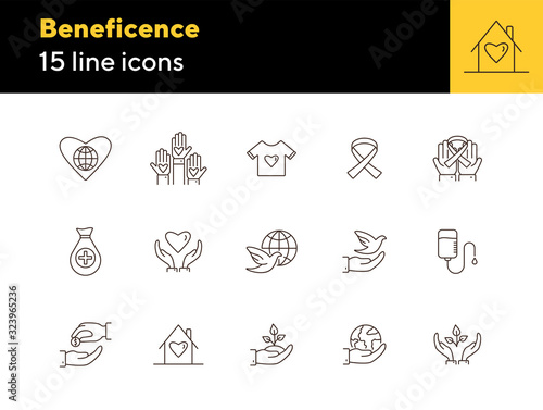 Beneficence icons. Line icons collection on white background. Cancer ribbon, conservation, crowdfunding. Help concept. Vector illustration can be used for topics like charity, support, volunteering