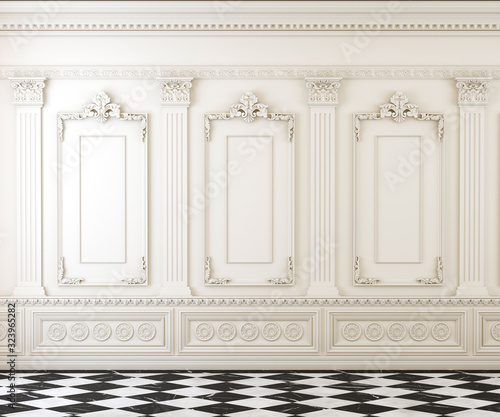 Fototapeta Naklejka Na Ścianę i Meble -  Empty classic room with moulding on wall and chequed marble foor, white bright empty interior with copy space, arquitectural mockup, 3d render