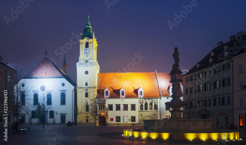 Photography Main Square is historical landmark of Bratislava in night illumination