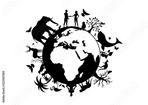 Planet Earth with animals and humans black silhouette vector. Planet Earth black silhouette. Wild animals silhouette. Planet Earth with fauna and flora vector. Animals and people on planet earth