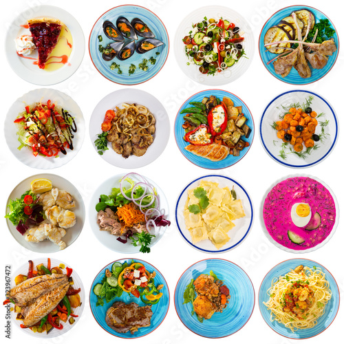 Collage of different dishes on round plates