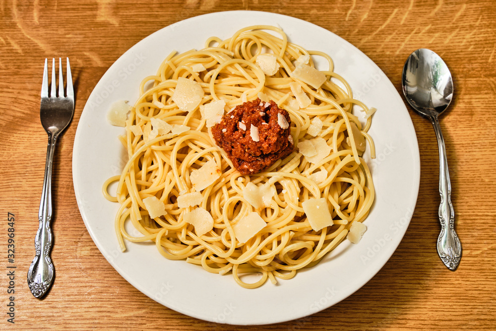 Spaghetti with tomato pesto and parmesan