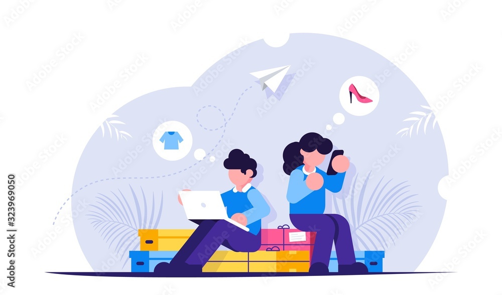 Online Shopping concept. Man and woman shop online using laptop and mobile phone. People are sitting on shopping boxes. Modern Flat vector illustration.