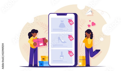 Online shopping concept. Girls make purchases in online store choosing the goods on the site through a mobile phone. Buying dresses, shoes and perfumes. Modern Flat vector illustration.