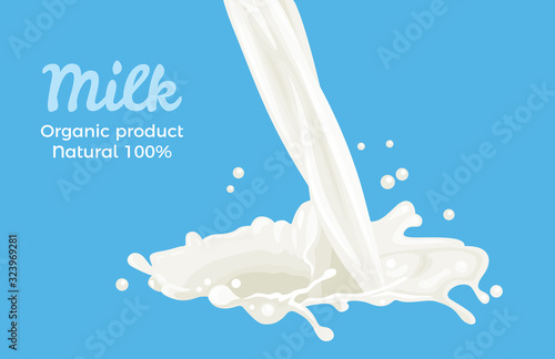 Pouring milk isolated on blue background. Splash and drops of milk. Vector illustration of  milk flow in cartoon flat style.