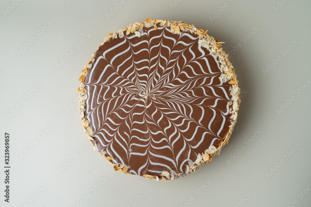 Traditional soviet birthday cake with chocolate icing and almond flakes decoration on the side, isolated on white