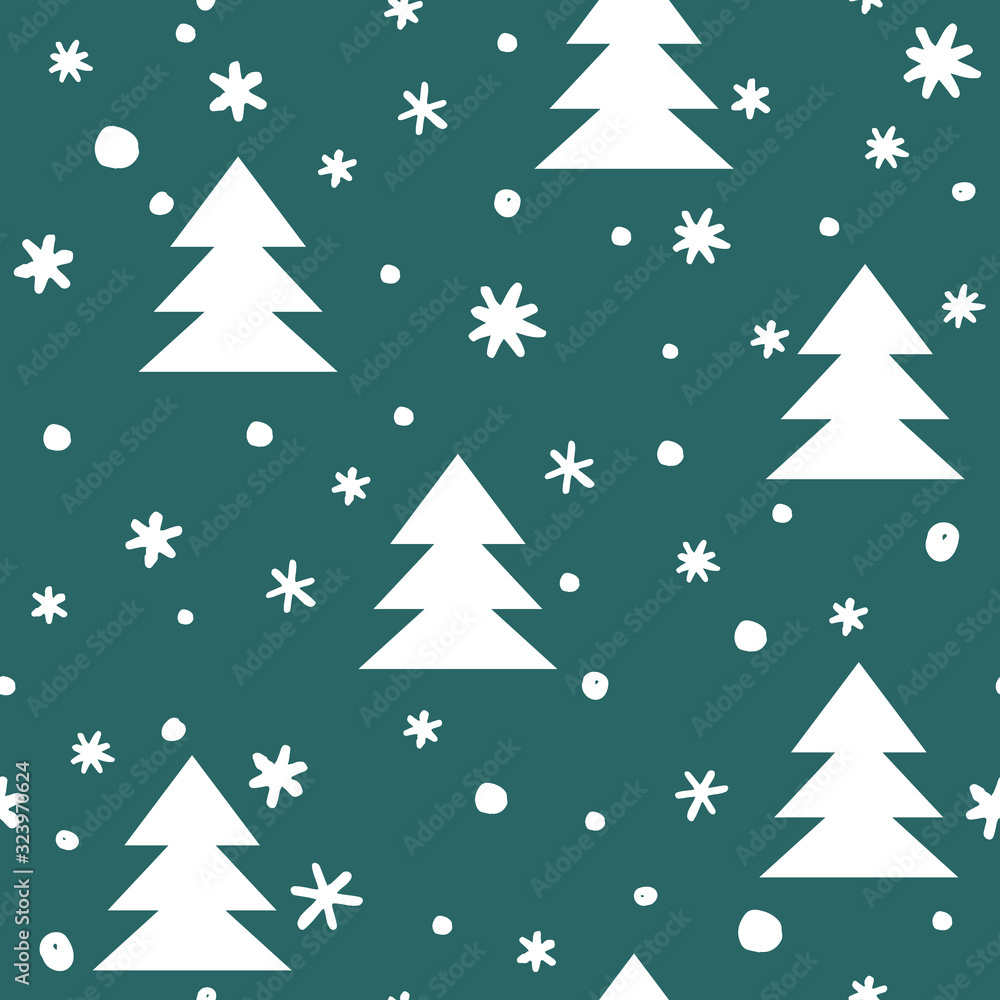 Seamless pattern with doodle hand drawn snowflakes and trees. White on green. Vector illustration