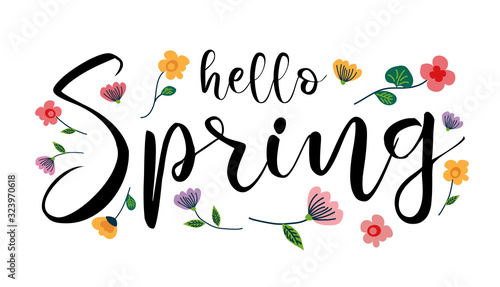 Hello Spring, handwritten lettering vector illustration