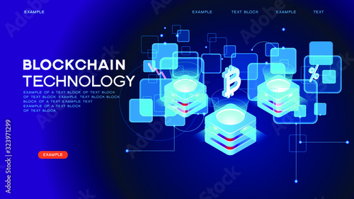 Blockchain network concept , Distributed ledger technology , Block chain text and computer connection. Modern 3d isometric vector illustration of web page. Design concept.