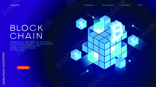 Blockchain network concept , Distributed ledger technology , Block chain text and computer connection. Modern 3d isometric vector illustration of web page. Design concept.