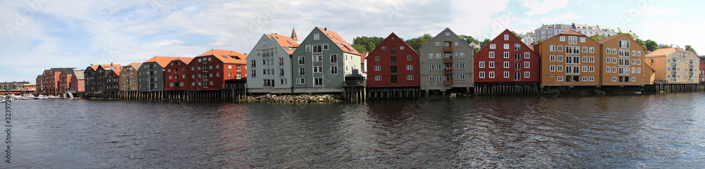 large picture-filling panorama of the warehouses in Trondheim Norway
