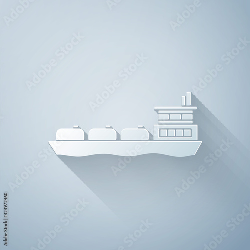 Paper cut Oil tanker ship icon isolated on grey background. Paper art style. Vector Illustration