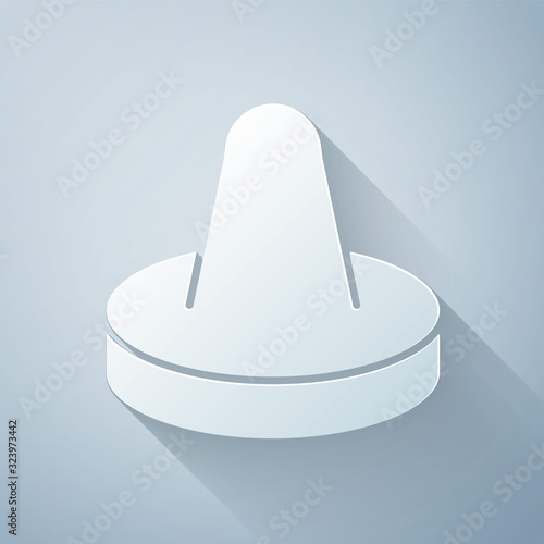 Paper cut Mallet and puck for playing air hockey game icon isolated on grey background. Paper art style. Vector Illustration