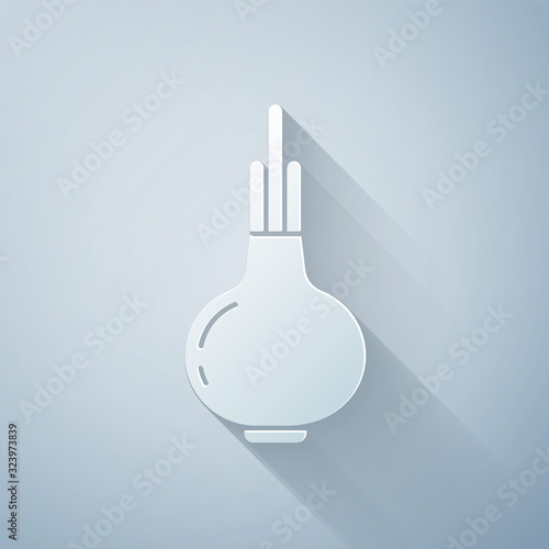 Paper cut Onion icon isolated on grey background. Paper art style. Vector Illustration