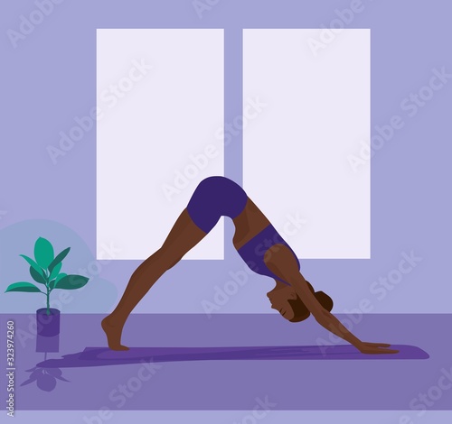 A young woman in Yoga pose on blue background. Relax and meditate. Healthy lifestyle. Balance training. Women silhouette. Collection of yoga poses. Vector illustration.
