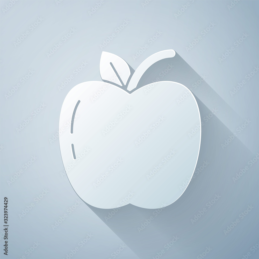 Paper cut Apple icon isolated on grey background. Fruit with leaf symbol. Paper art style. Vector Illustration - obrazy, fototapety, plakaty 