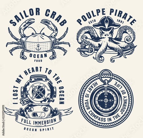 Vintage sea monochrome logos