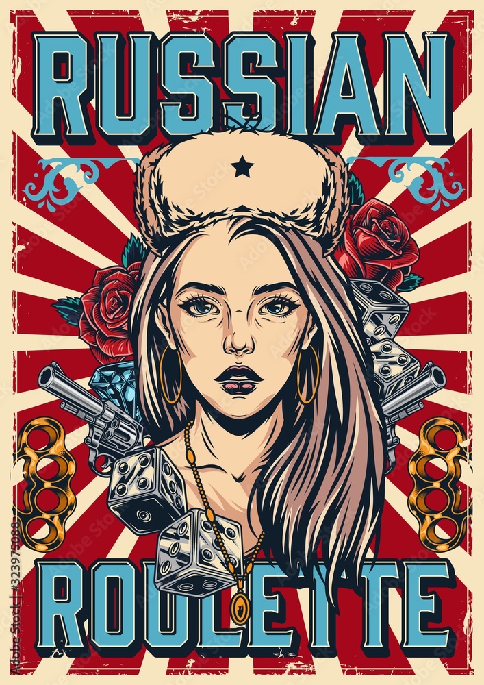 Fototapeta Russian roulette vintage colorful poster