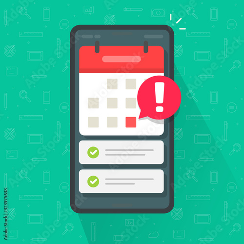 Mobile phone calendar notice important deadline date, task list or smartphone with event appointment vector flat cartoon illustration, online scheduled agenda on cellphone modern trendy imageisolated