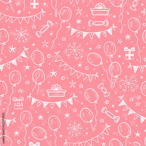 Vector Holiday or Birthday Seamless pattern. Hand Drawn Doodle Balloons, Buntings Flags, Gift Boxes and Stars. Black and White Festive Background. Holiday Wallpaper