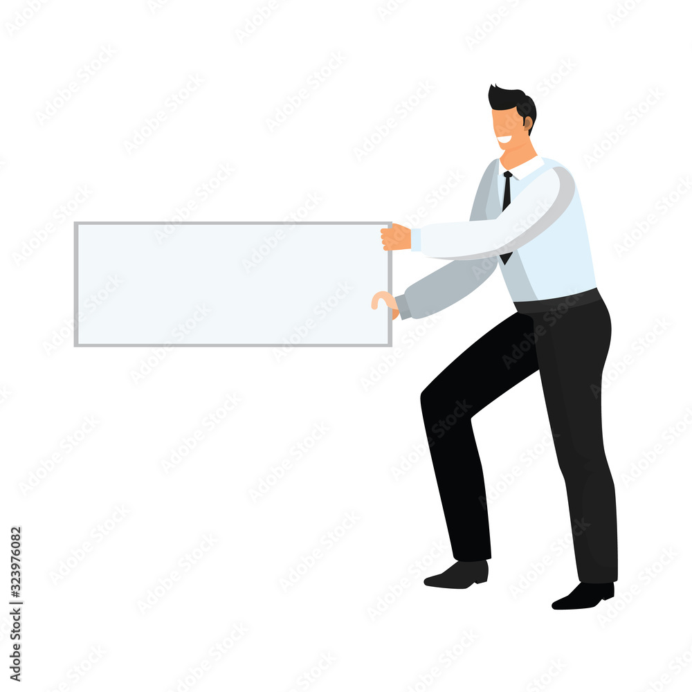 Businessman in trousers, tie and shirt holds an empty white banner or sign Businessman in trousers, tie and shirt holds an empty white banner or sign