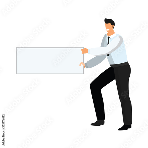 Businessman in trousers, tie and shirt holds an empty white banner or sign